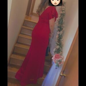 Red flutter sleeve evening gown